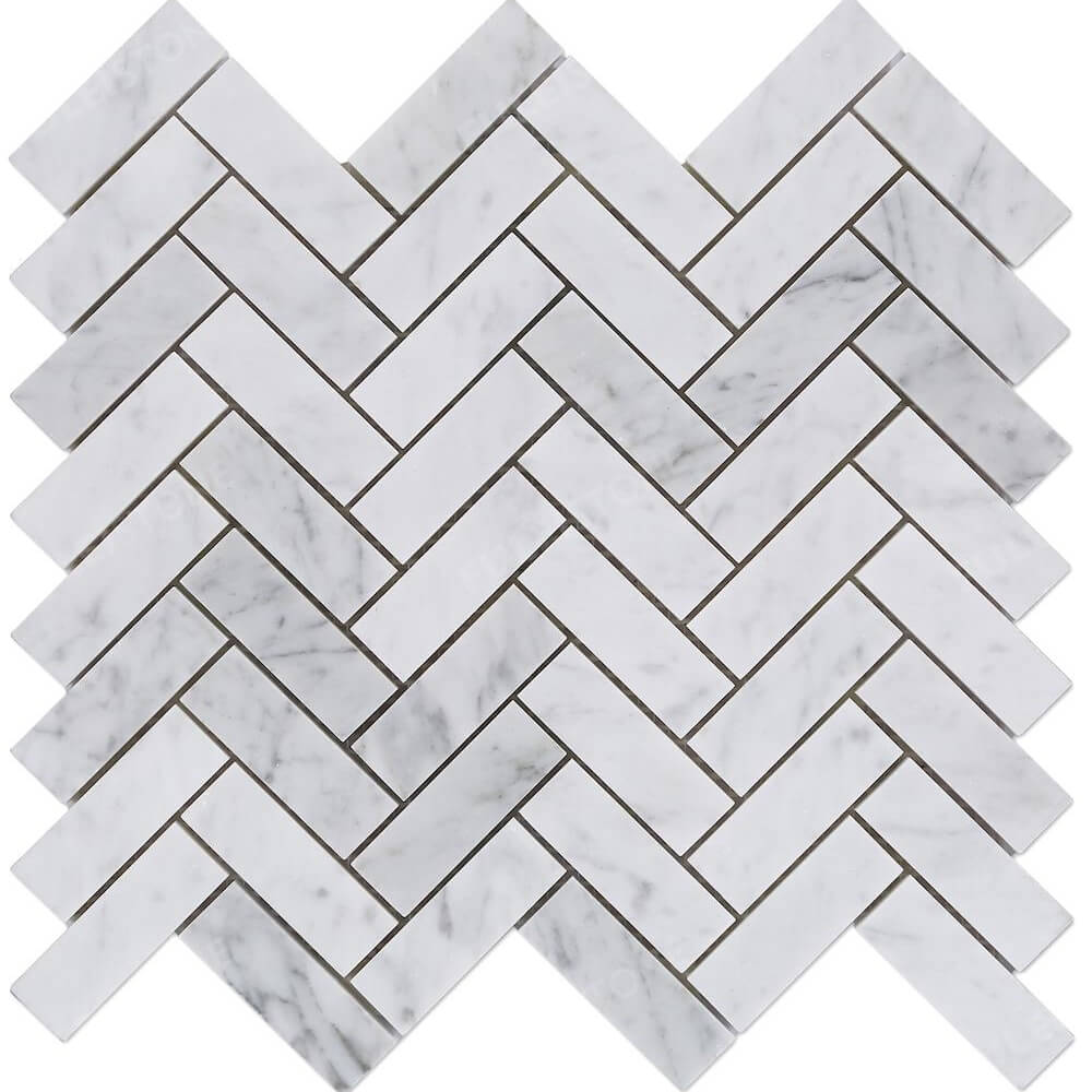 Polished 1x3 Herringbone Carrara Marble Mosaic Tile