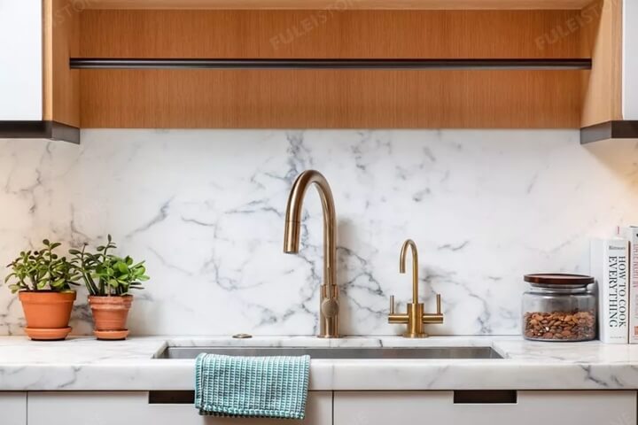 marble countertop with the metal faucet